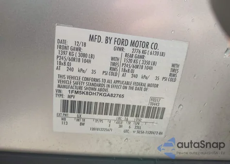 2019 Ford Explorer Xlt z USA, uszkodzony, nr VIN 1FM5K8DH7KGA82765